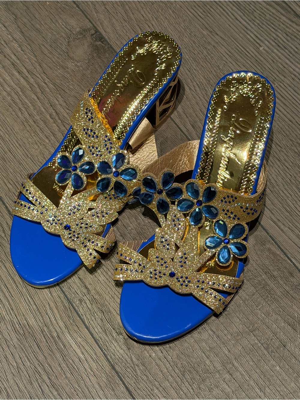 Embellished Gold & Blue Floral Slide Heels